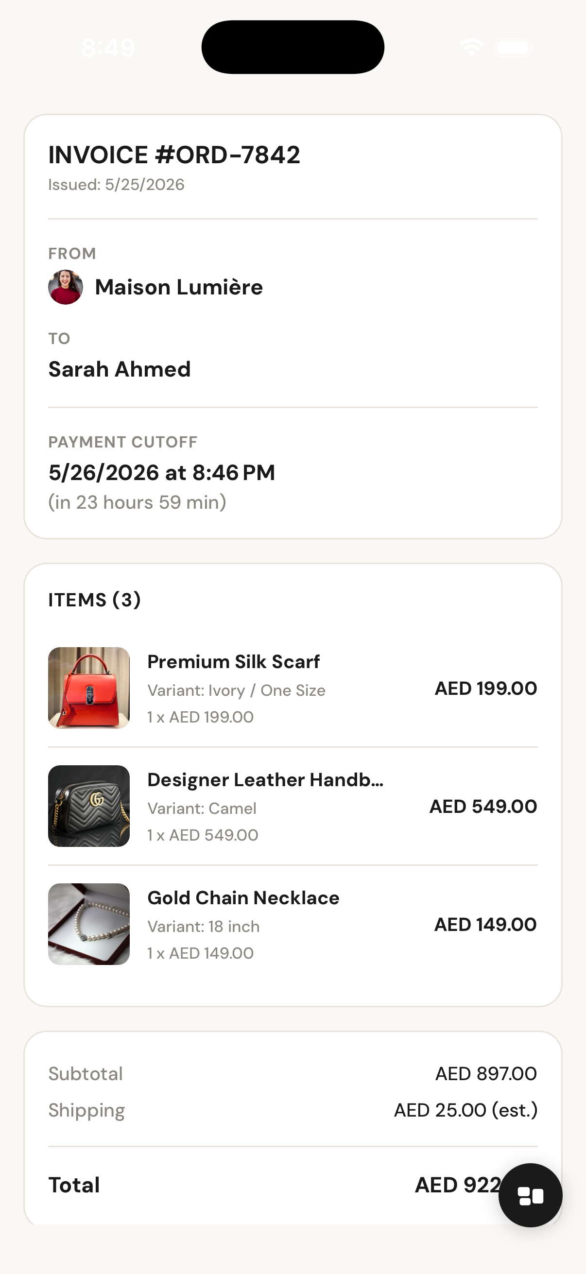 Mine app invoice — Maison Lumière, 3 items, AED 922 total