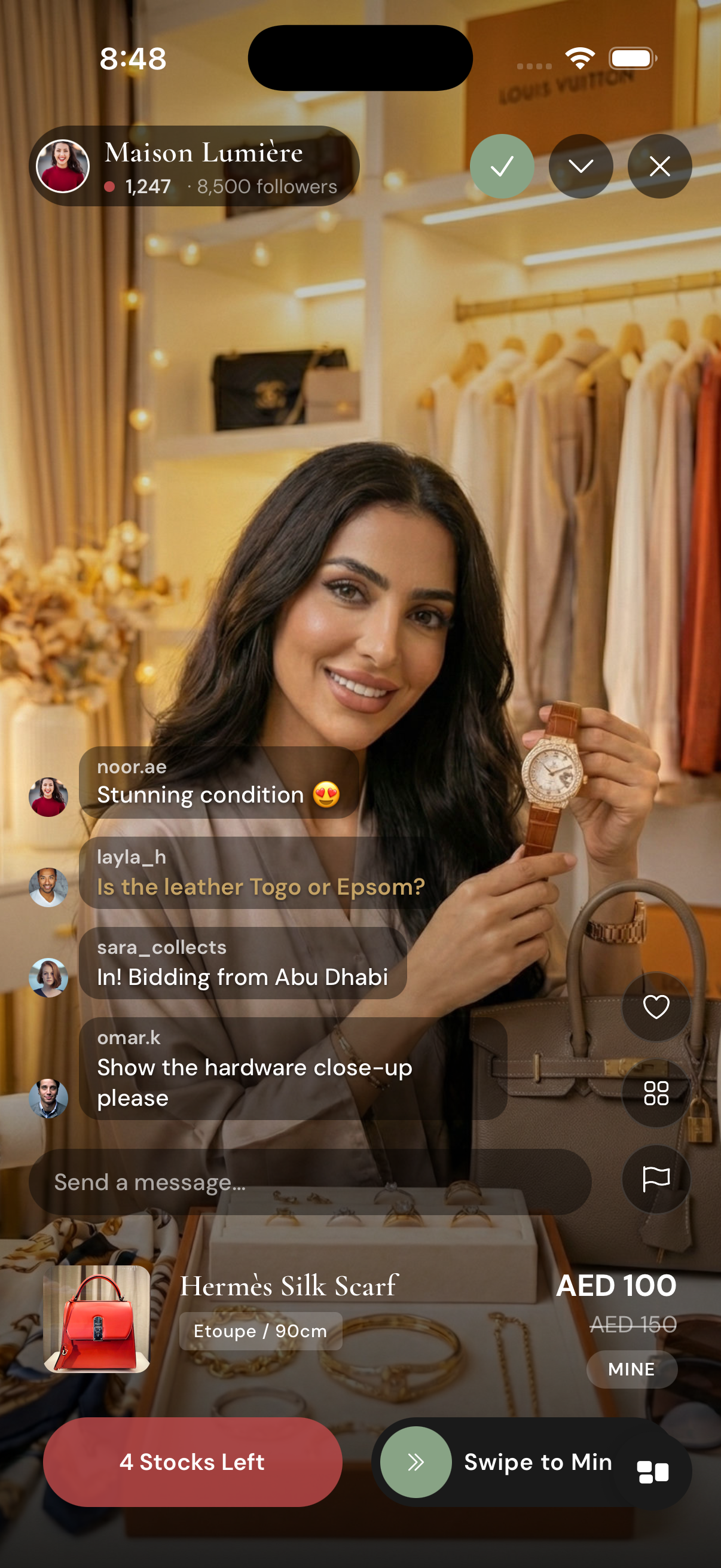 Mine app live stream — Hermès Silk Scarf, swipe to Mine for AED 100